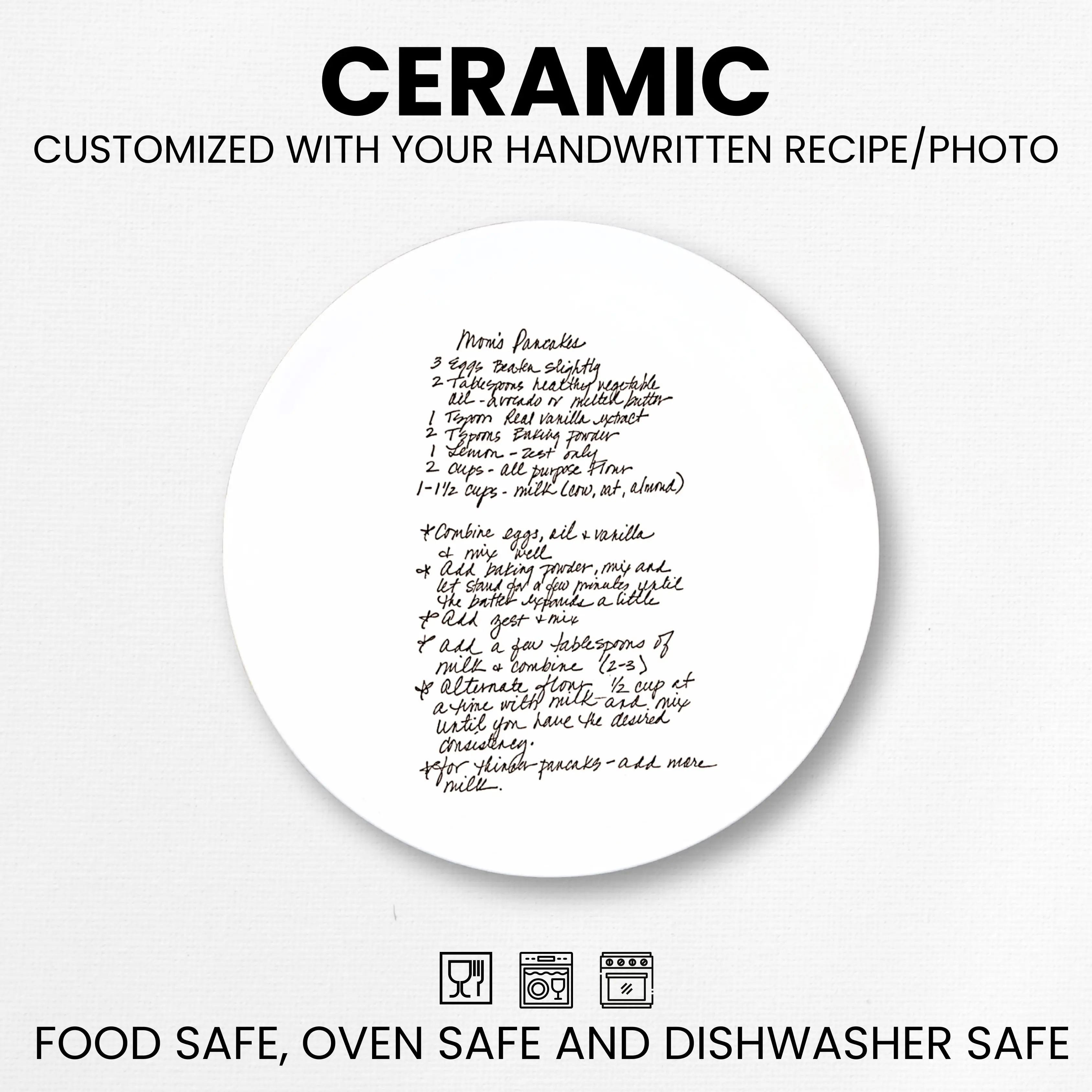 Personalized Handwritten Recipe Ceramic Plate Oven & Dishwasher Safe Heirloom Kitchenware Customizable with Your Recipe or Photo Perfect Gift for Weddings Mother’s Day & Holidays Family