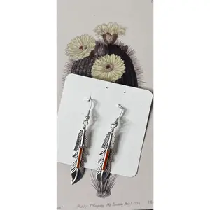 Feather Earrings with Orange Spiny Oyster - Sterling Silver - Native Handmade - BARNE (artist)