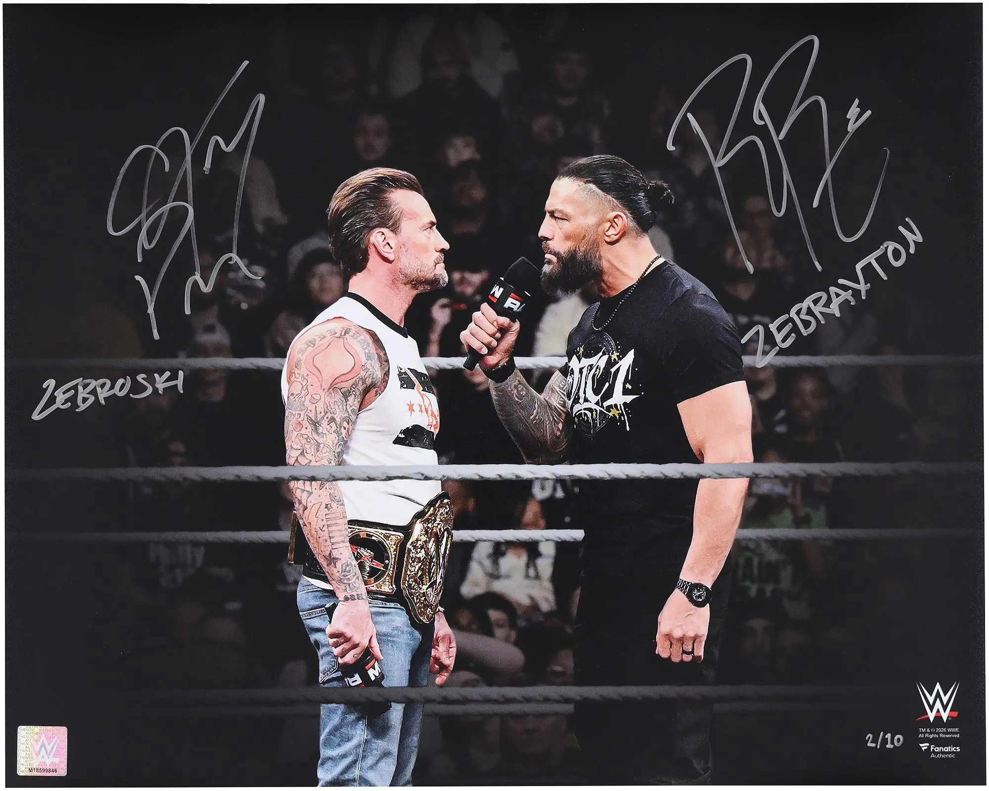 Roman Reigns & CM Punk WWE Autographed 16" x 20" In Ring Staredown Spotlight Photograph with Multiple Inscriptions - Limited Edition of 10 - Fanatics Authentic Certified