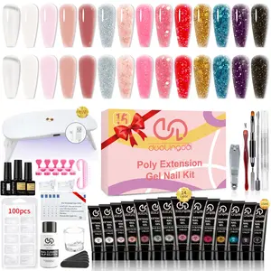 Long-lasting Poly Gel Nail Art Manicure Kit, 1 Set 14 Colors Glitter Poly Nail Polish Gel Kit with UV LED Nail Lamp & Nail Brush, Professional Nail Art Kit for Beginners, Nail Supplies, Nail Extensions, Polygel Nail Kit