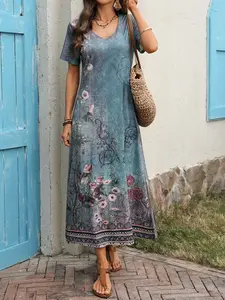 Women's Fashion Western Style Printed Dress, V-Neck Casual Wear, Perfect for Daily & Special Occasions
