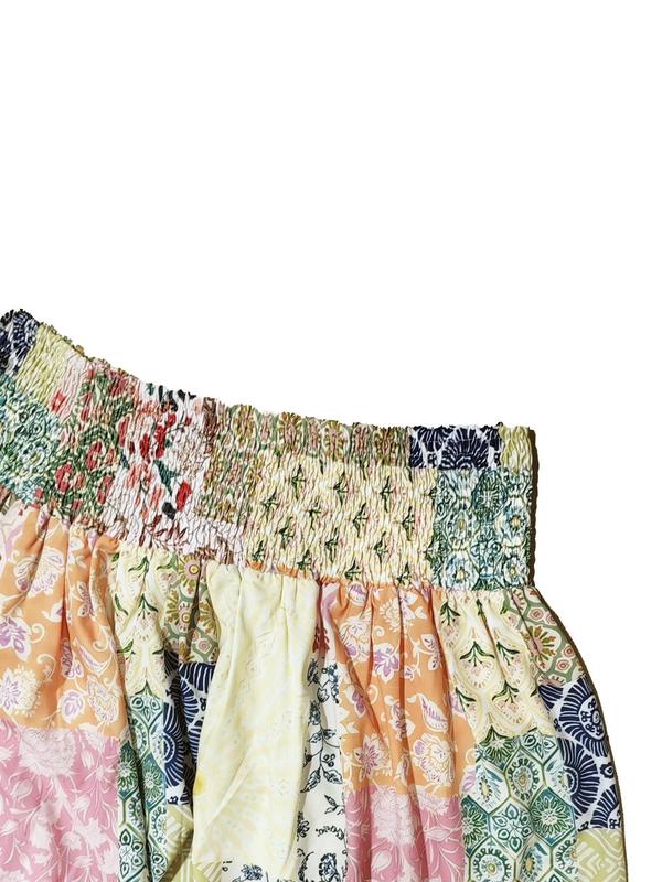 [Plus Size] All Over Floral Print Shirred Waist Flared Skirt, Boho Fashion Casual Long Skirt for Daily Holiday Vacation Wear, Boho Casual Skirts, Women's Bottoms for All Seasons