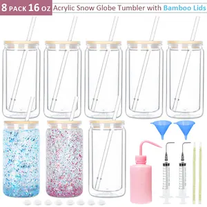 8 Pack 16 Oz Acrylic Snow Globe Tumbler, Double Wall Plastic Cups for Glitter DIY with Bamboo Lids & Plastic Straws, Including DIY Tools