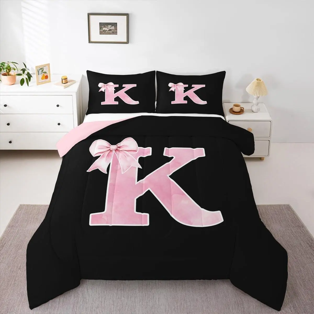 Girls Black Pink Bow Comforter Set,Kids Monogrammed Bedding Set,Customized Initial K Quilt Duvet Set,Coquette Modern Fashion Bed Collections