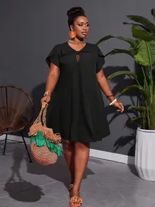 Plus Loose Fit Green A-Line Dress With Twisted Knot Detailing Non-Elastic Woven Plain Weave Casual Petal Sleeve Keyhole Neckline Vacation Style - Fabric
