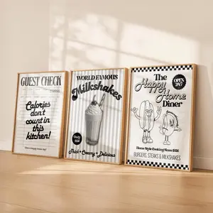 Retro Diner Kitchen Wall Art Set of 3 | Vintage Milkshake Poster, Guest Check Print, 1950s Restaurant Decor, Black & White Food Prints