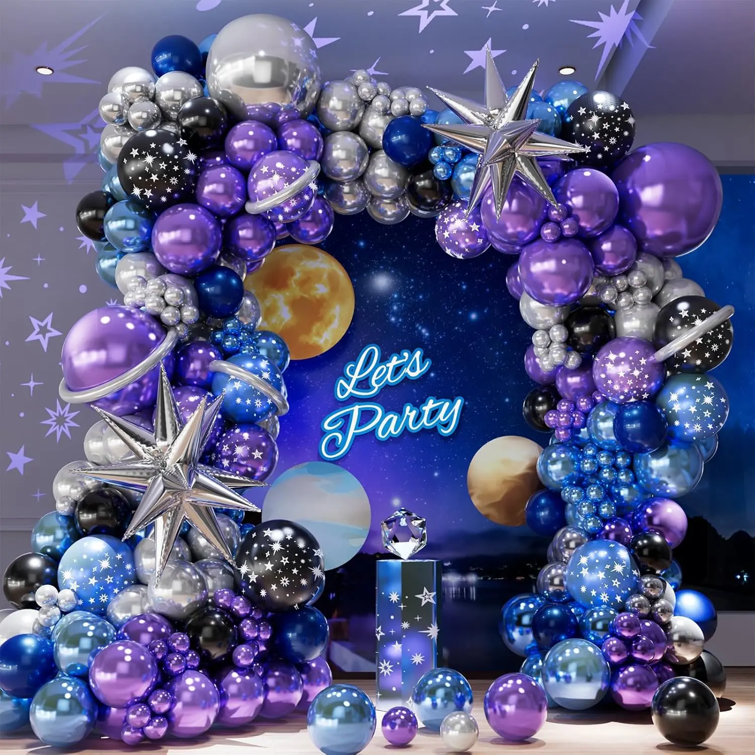 Galaxy Balloon Arch Kit with Metallic Blue, Purple & Star Balloons for Space-Themed Party Decor
