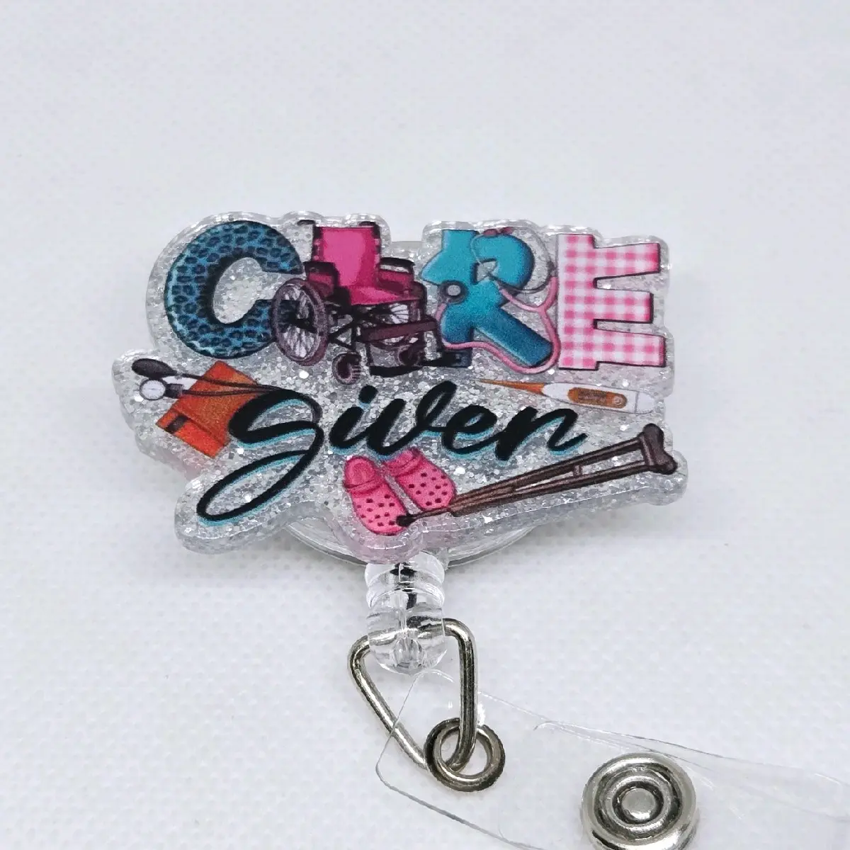 Caregiver Glitter Retractable Badge ID Reel Belt or Alligator Clip for Assisted Living, Hospice, and Home Health Caregivers
