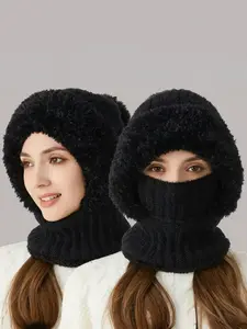 1 piece of women's autumn and winter imitation wool and plush thick knitted hat, hat scarf mask ear mask 4-in-1 multifunctional set, super warm and cold resistant neck protection headscarf scarf, anti cold and anti freezing super warm ski hat Accessories