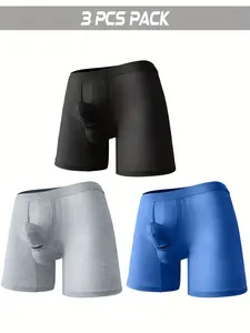 3-pack of men's sexy underwear, breathable and comfortable Sporty Athletic Fitted long-leg boxer briefs with individual pocket design, suitable for sports and fitness - high-quality single-color men's sexy underwear