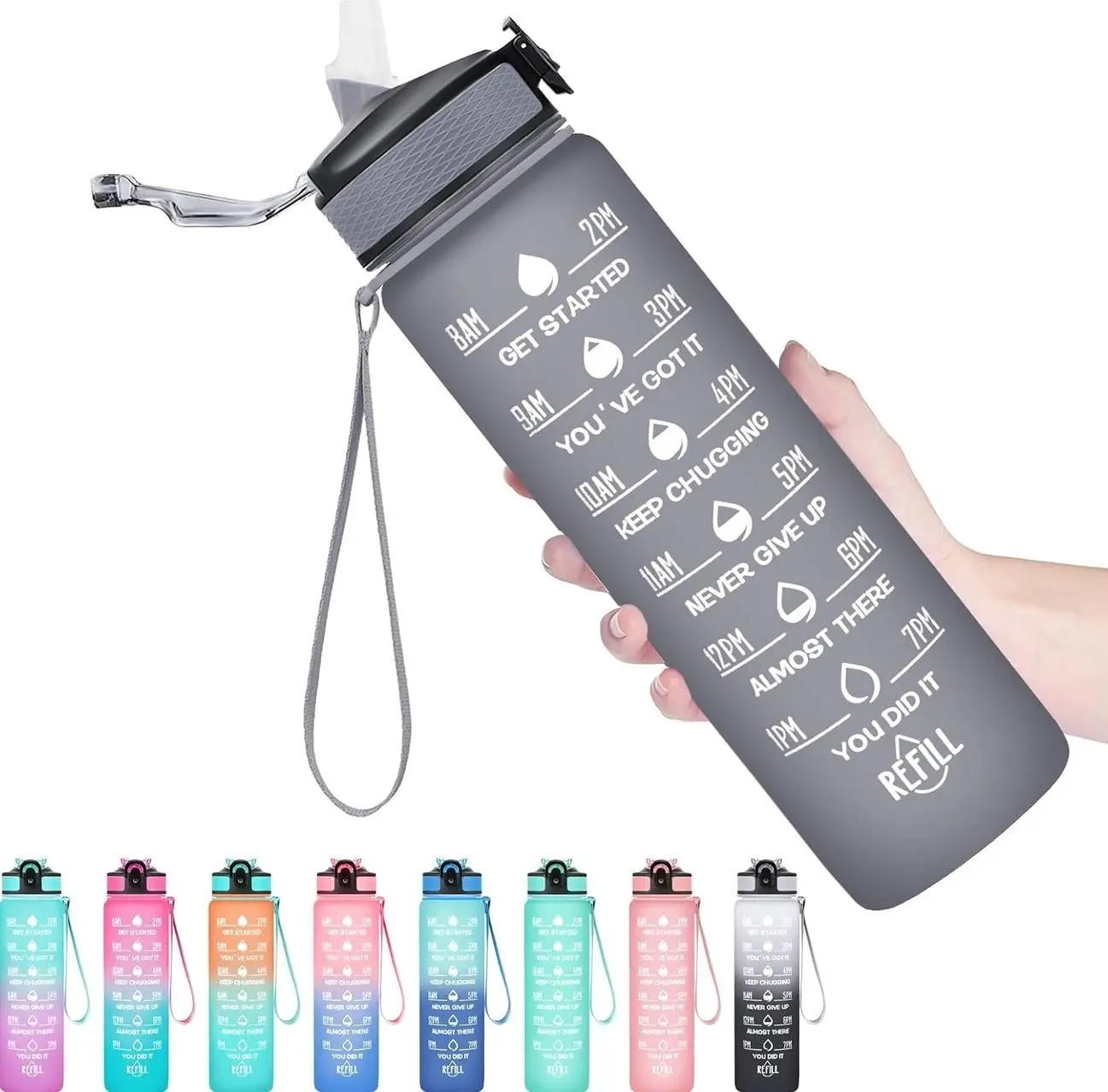 Water Bottle with Straw & Time Marker, Plastic 32oz Leakproof | Motivational Tritan BPA Free Gym Office Outdoor Intake Tracker Hourly