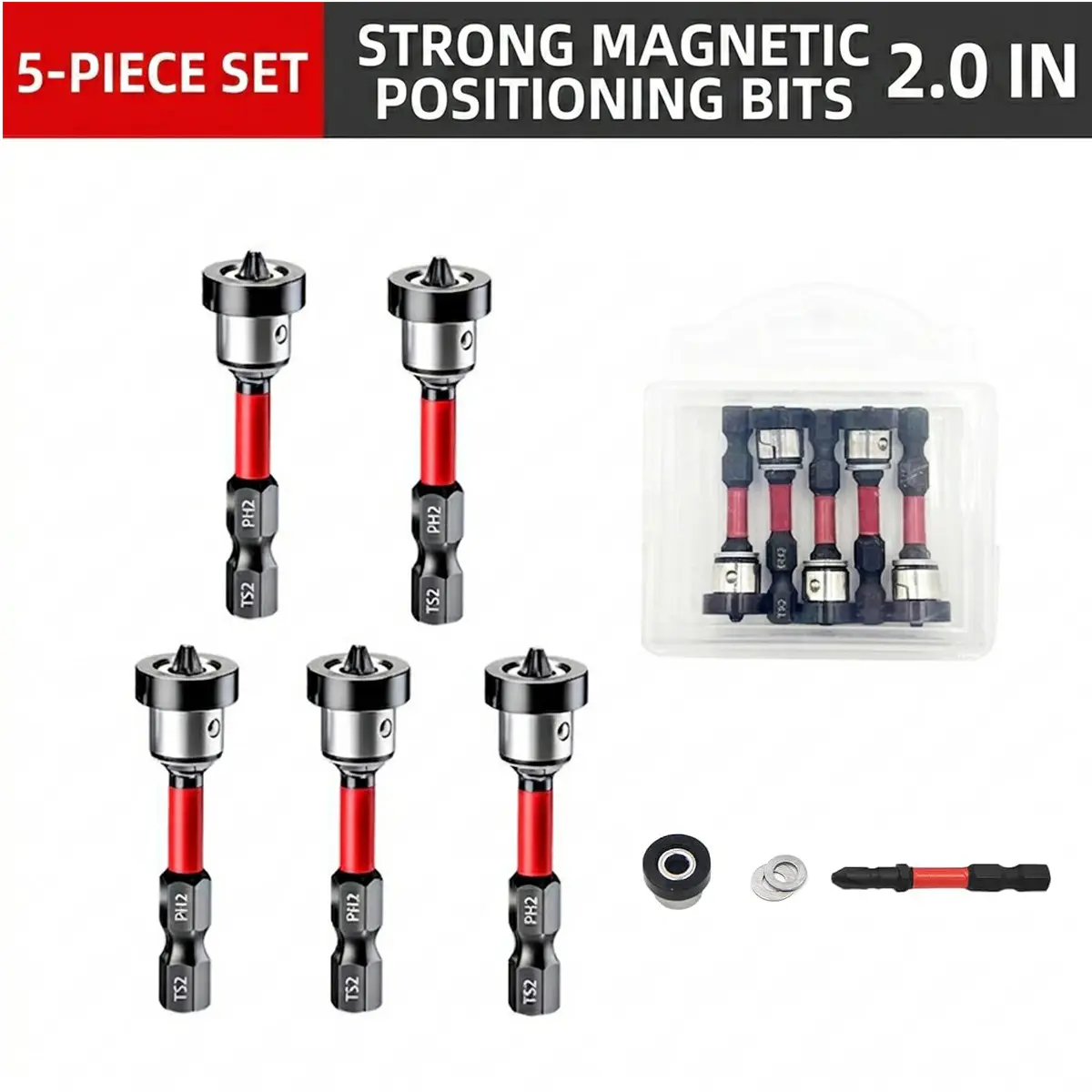 5pcs Magnetic Drywall Screw Setter Bits DIY Drill Attachment Accessory Set - Adjustable Depth PH2 Positioning Bits, Removable Aluminum Collar, S2 Steel Hex Shank, Depth Adjuster for Sheetrock, Standard Screws