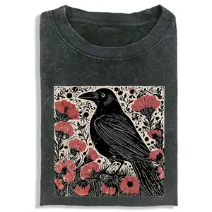 Folk Art Crow Printed Design Unisex Oversized Crew neck T-Shirt,High-Quality Print,Casual Comfort Breathable Shirt for Streetwear Fashion Men and Women's Top Daily Wear 090302