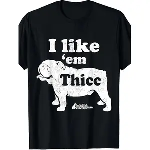 Men'S English Bulldog Graphic T-Shirt - "I Like 'em Thicc" Design, Casual Loose Fit, Black with White Text & Bulldog Print, All-Season Comfort, Everyday Tshirt |   Fun Casualwear |   Nonstretch Fabric graphic tee men's t shirts