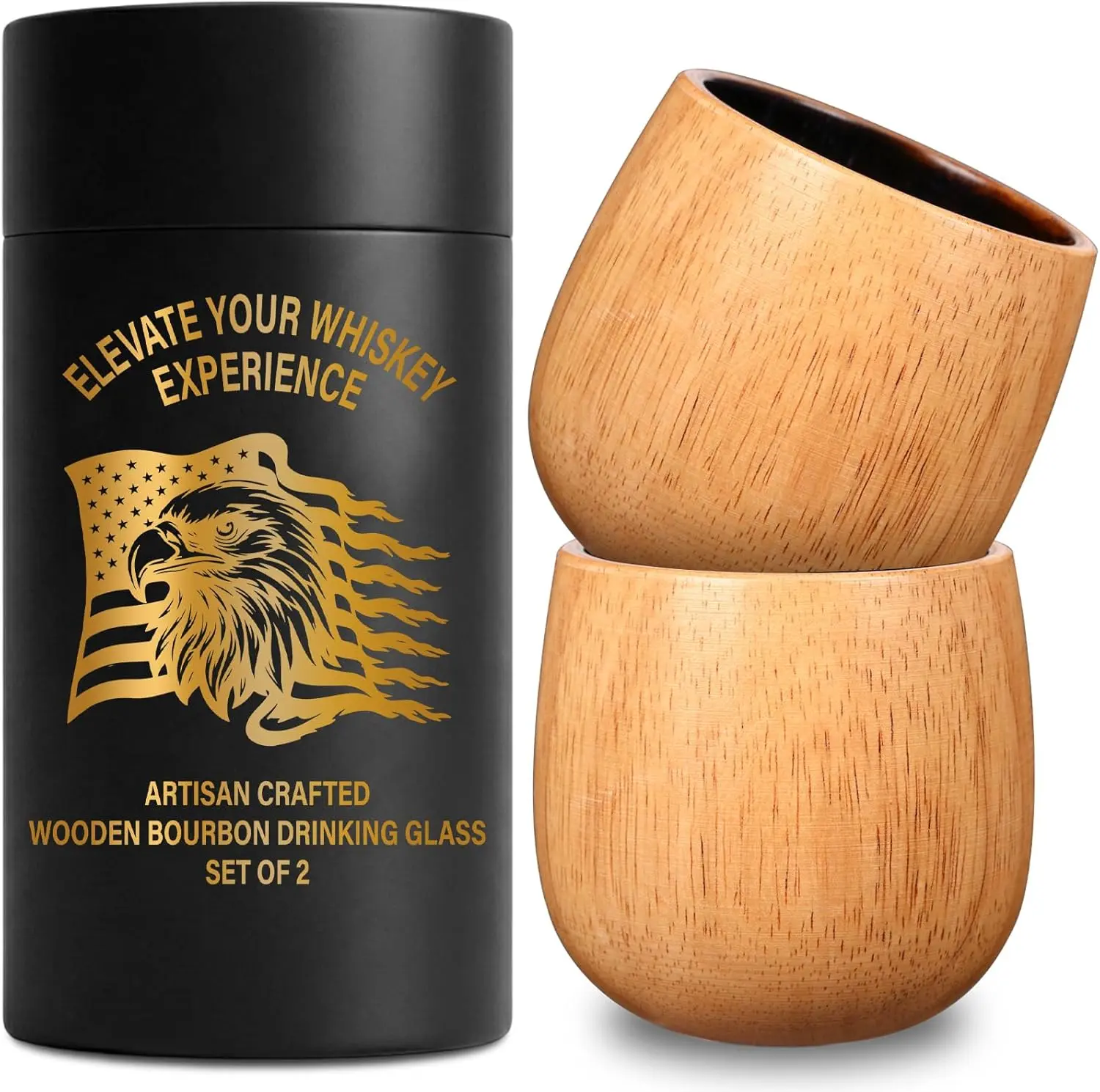 2PCS Oak Charred Whiskey Glass - Handcrafted Premium Oak Whiskey Tumbler, Unbreakable Old Fashioned Glass, Unique Wooden Bourbon Drinking Glass for Men