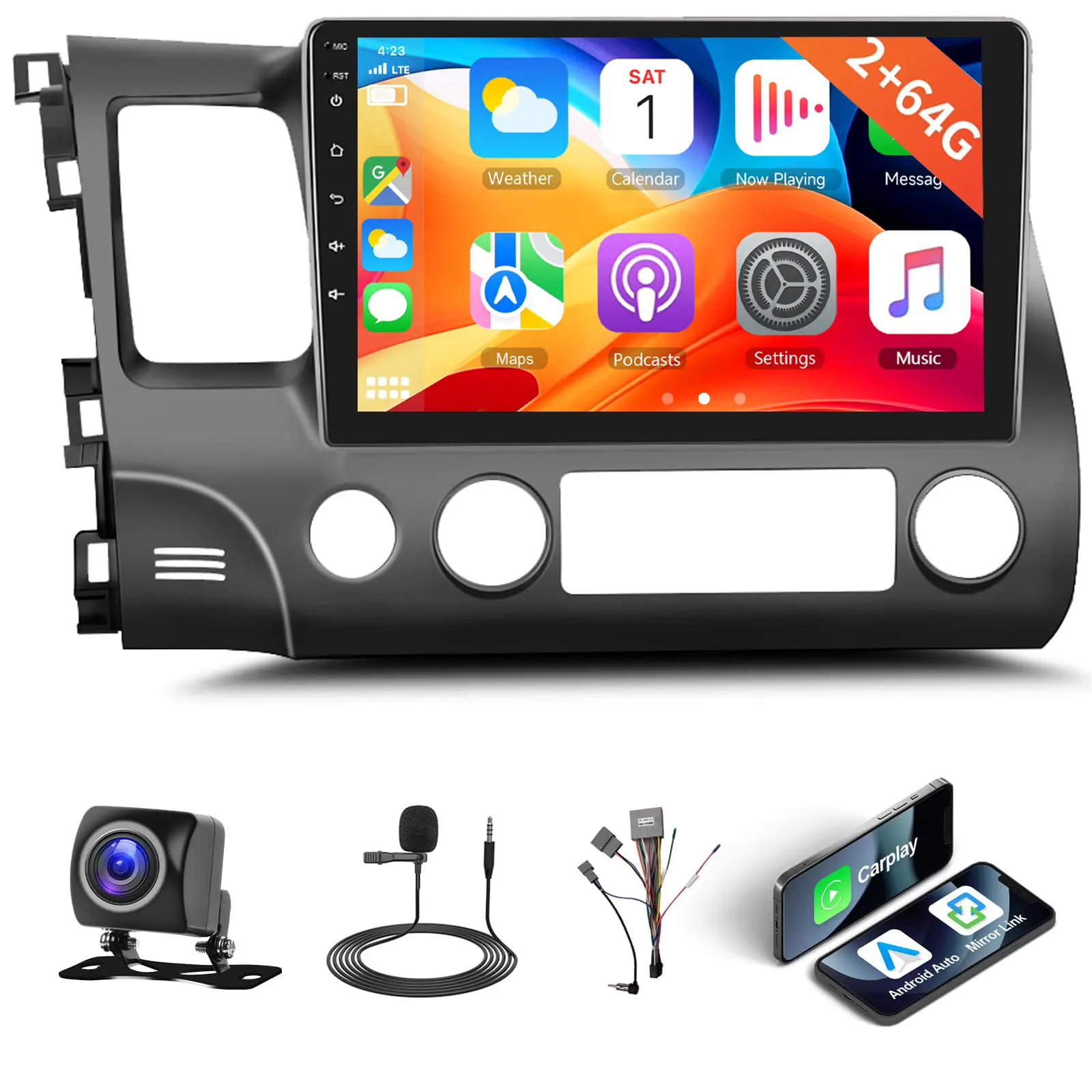 10.1 Inch CarPlay Android 15 Car Stereo Radio for Honda Civic 2006-2011 (2+64G) with Wireless CarPlay, Android Auto, WiFi Hotspot, GPS Navigation, Mirror Link, Bluetooth, EQ, FM, RDS, SWC, Backup Camera, Cables, Father's Day Gift, Wi-Fi, Wireless Android