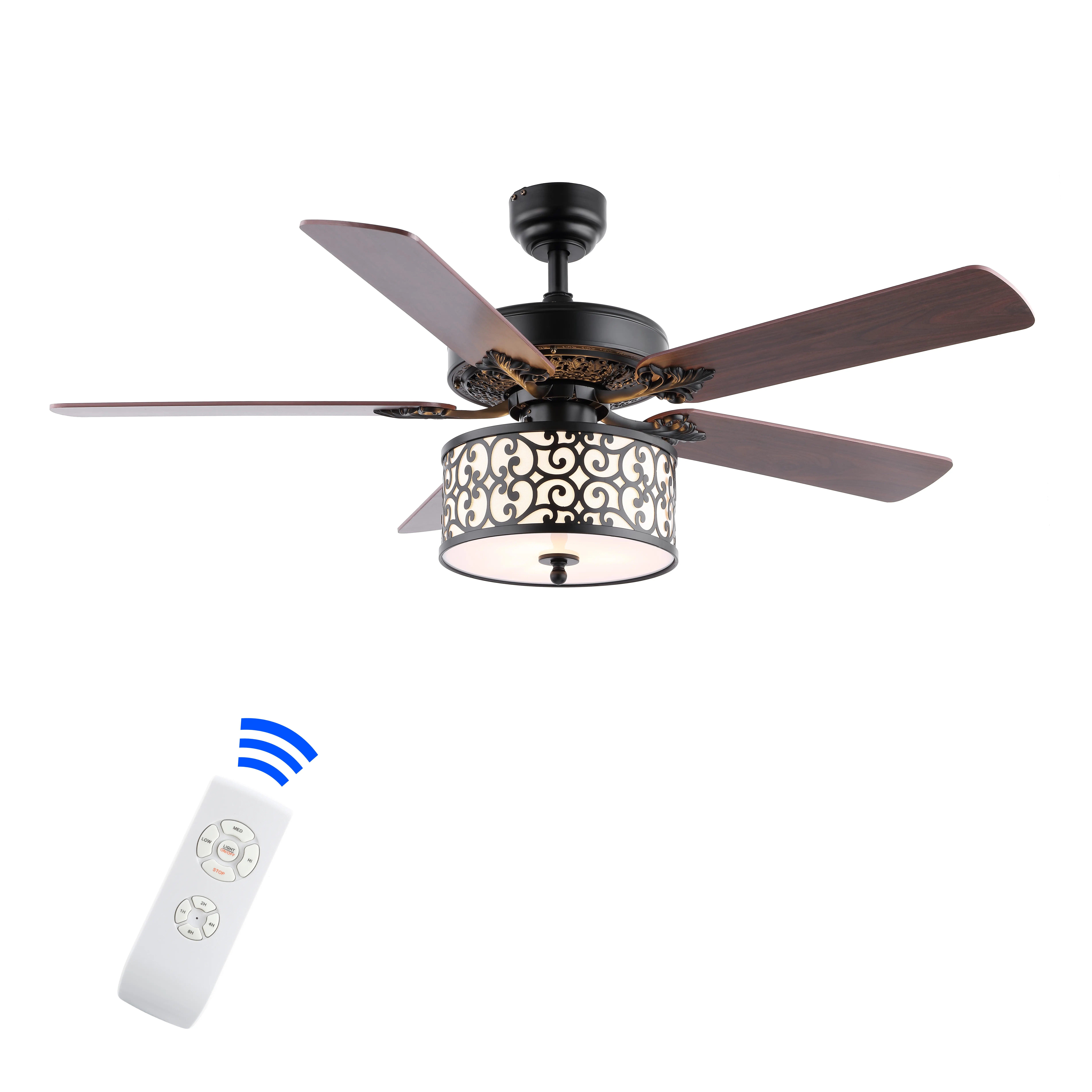 JONATHAN Y JYL9612A 52" Farmhouse Ceiling Fan with Light and Remote, Industrial Iron Scroll Drum Chandelier Fan with 5 Reversible Blades (Ashwood/Coffee Brown), Black Finish for Living Room, Bedroom