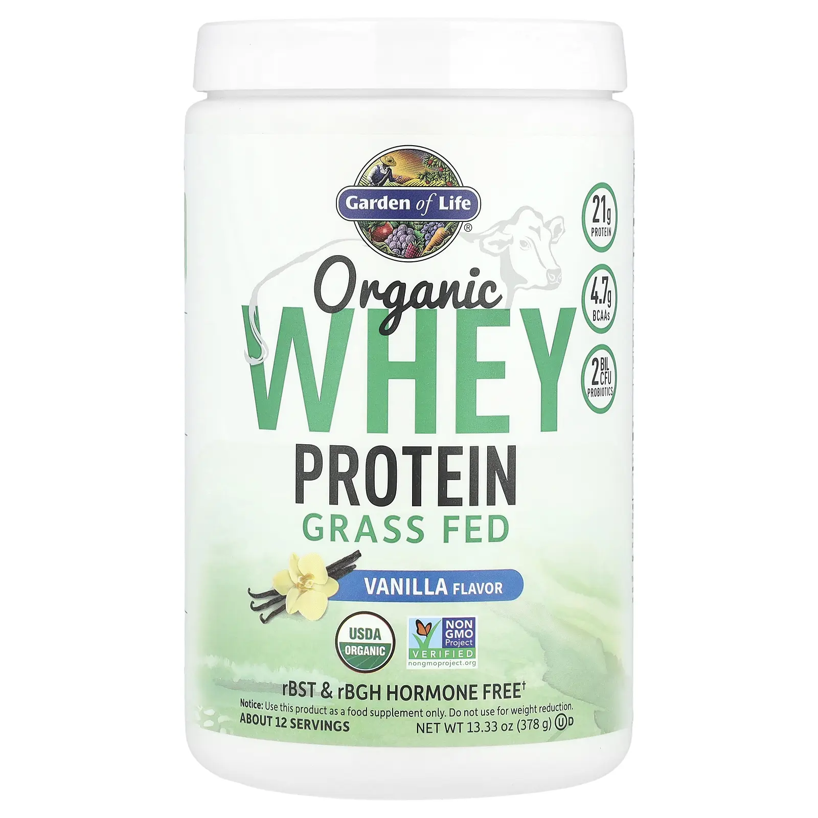 Garden of Life Organic Whey Protein, Grass-Fed, Vanilla, 13.33 oz (378 g)