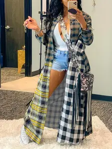 Women's Plaid Print Button Front Longline Shirt, Casual Patchwork Long Sleeve Collared Outerwear for Fall & Winter, Ladies Clothes for Daily Wear, Casual Classy Fashion