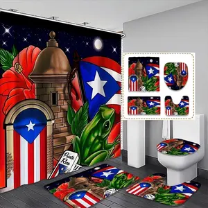 Creative Puerto Rican Culture Bath Curtain Set, Waterproof Shower Curtains with 12 Hooks, Bathroom Decor, Christmas Gift