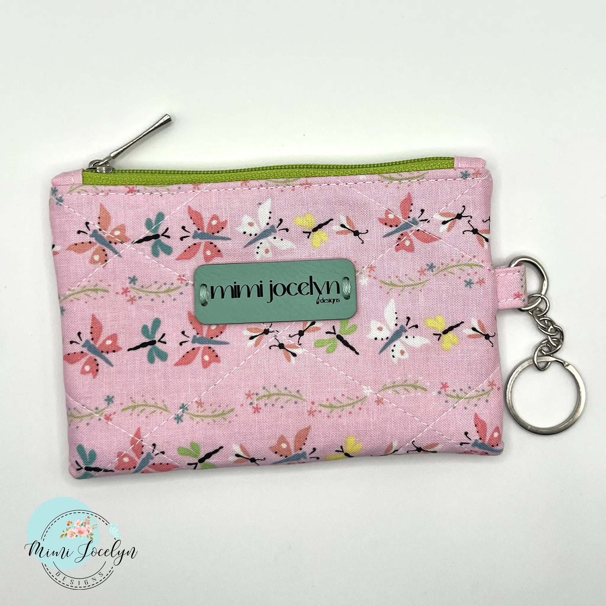 Mimi Jocelyn Designs 'Chloe' Quilted Keychain Wallet - Handmade 100% Cotton Plush Textured Pink Butterfly Patterned Coin Purse with D-Ring & Keychain Clip