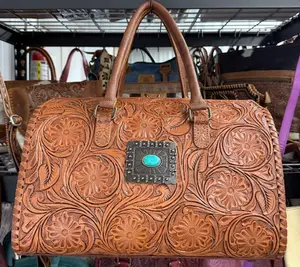 Genuine hand tooled leather speedy bag- LARGE brown tooled with conch