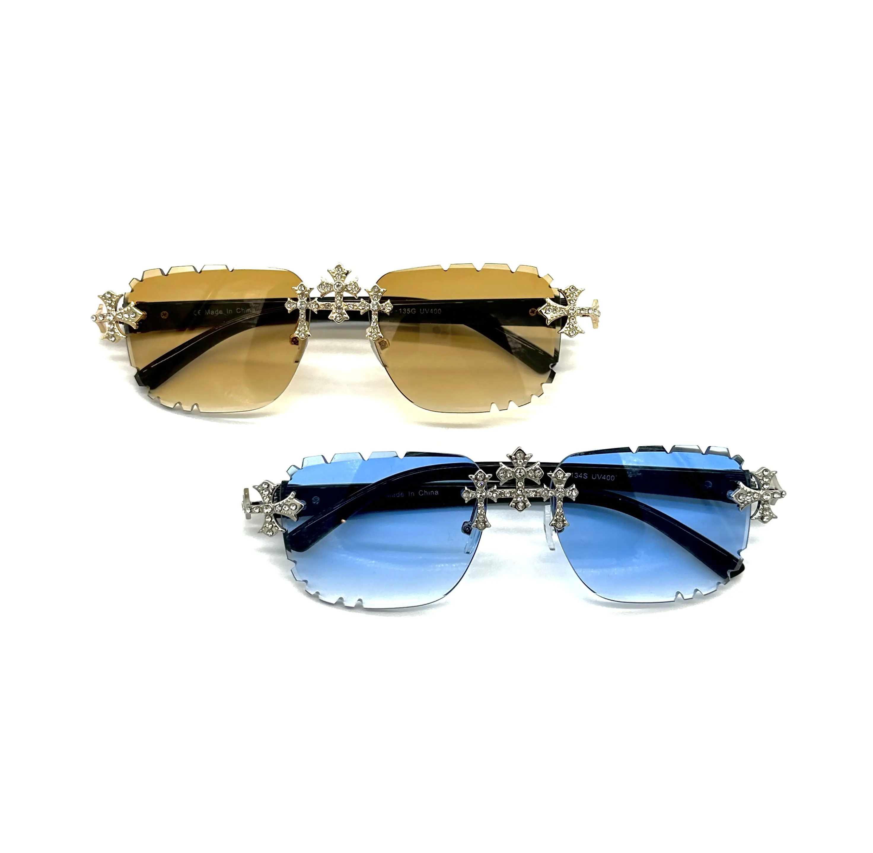 Gold/Silver Blue Tan Lens NEW Triple Cross ICED-OUT Unisex Sunglasses - Shades