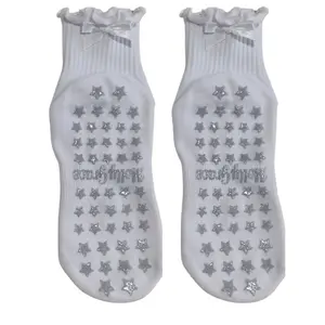 White ruffle bow socks non slip grip socks with star glitter grips for Pilates, yoga, barre or lagree