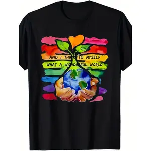 Men's environmental awareness and appreciation for the Earth Graphic T-Shirt - Short Sleeve Crew Neck Regular Fit Casual Wear | Soft & Breathable Fabric, Durable Print, Everyday Comfort, Machine Washable, watercolor art with vibrant rainbow colors and a