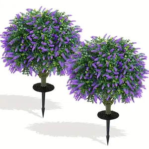 2 Pack Artificial Boxwood Topiary Ball with Lavender, Set Of 2 Artificial Shrub Bushes with Ground Spike, Fake Evergreen Tree for Porch, Artificial Plants for Outdoor Planters Indoor