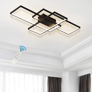 3-Square Modern LED Dimmable Ceiling Light with Remote Control, Acrylic Black Flush Mount Fixture for Living Room, Dining Room, Bedroom, Kitchen Lamp Installation Brightness Smart Memory Function