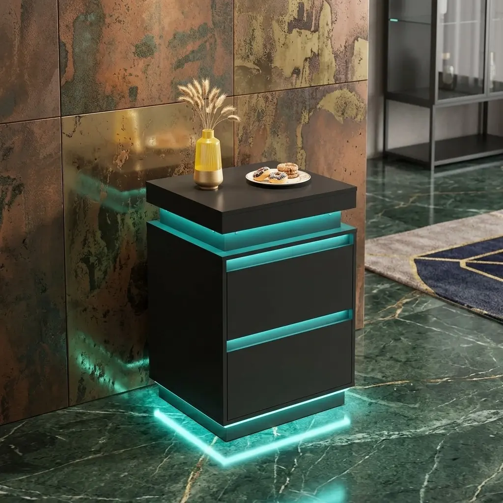 Modern Black WPC LED Nightstand - App-Controlled LED Lights Bedside Table with 2 Drawers, Hidden Compartment, Built-in USB & Power Outlet Charging Station, Built-in Cable Management End Table for Bedroom, Living Room, Led Nightstands, Built-In Cable Manag