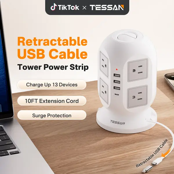 Tessan Tower Surge Protection Power Strip, Flat Plug Extension Cord Sockets 10 ft with 8/11 Multiple AC Outlets & 3/4 USB(USB C) for Home, Office, Dor
