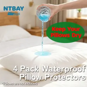 NTBAY 4 Pack Zippered Waterproof Pillow Protectors, Super Soft Quiet Zip Pillow Protectors,Jersey Pure White Waterproof Pillow Cases Covers