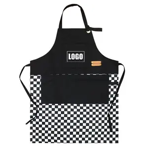 Fashion Custom Logo Waterproof Home Apron Kitchen Restaurant Bakery Cake Shop Canvas Hanging Neck Overalls Black White Apron Baking
