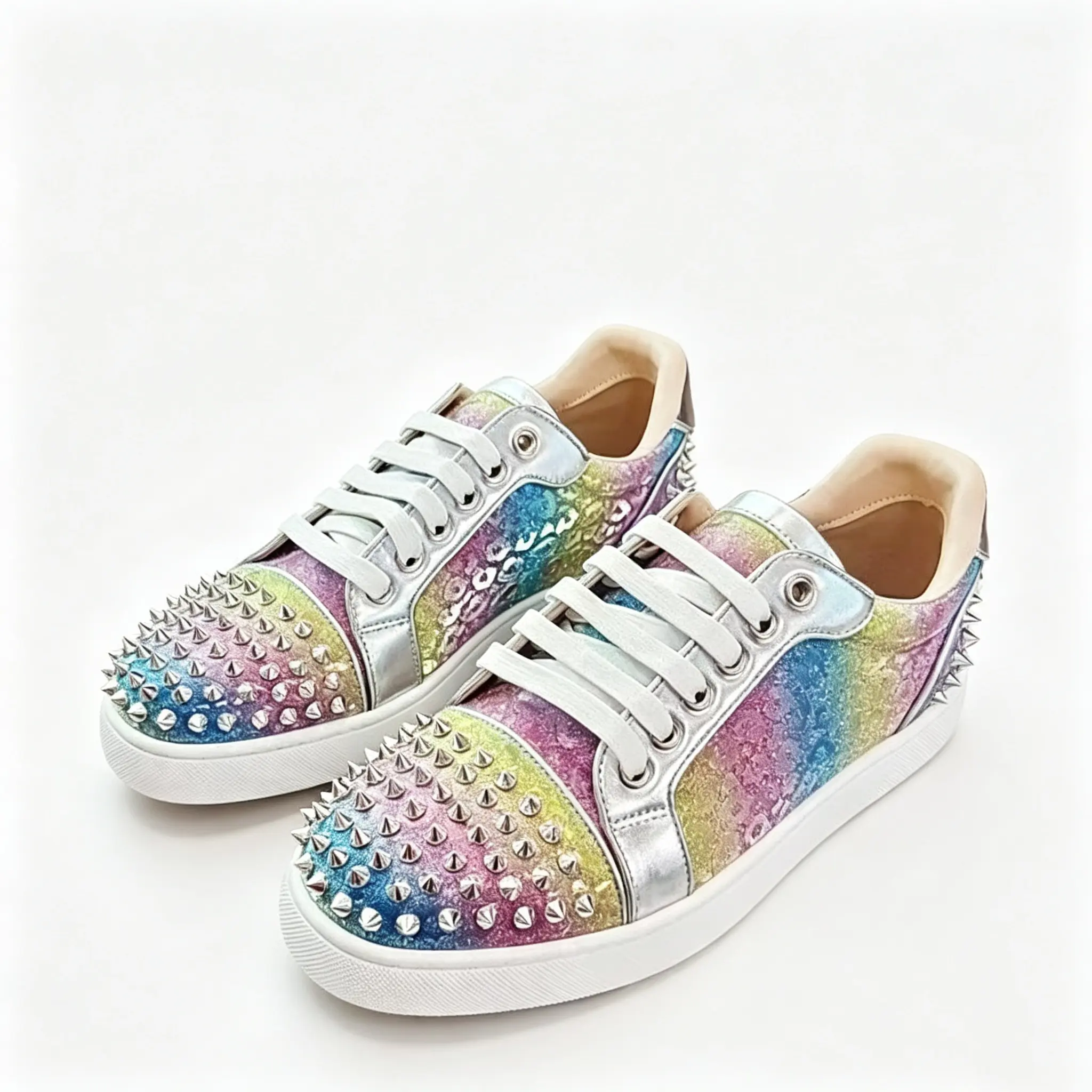 Women's Multicolor Rainbow Glitter Sparkling Studs Round Toe Low-Top Sneakers - Comfort Flat Casual Wear Trainers for Daily Commute, Party