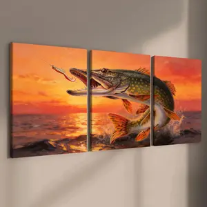 3-count wooden frame canvas, Canvas Painting, realistic fishing scene art poster, outdoor hobby decoration, modern family poster, fashionable living room decoration art, suitable for corridor, office, room and bedroom decoration, waterproof printing