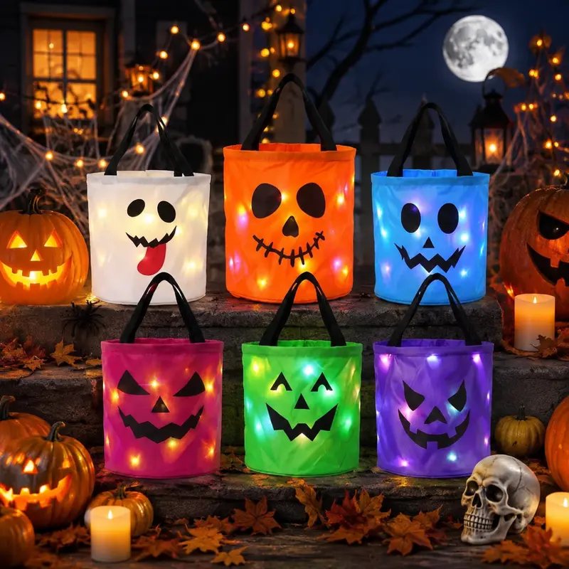 3/6 PCS Halloween LED Pumpkin Candy Bucket Sets - Reusable Non-Woven 13.39x8.66in Kids' Trick-or-Treat Bags, Halloween Decorations, Party Favor Gifts (Back to School, Black Friday Deals)