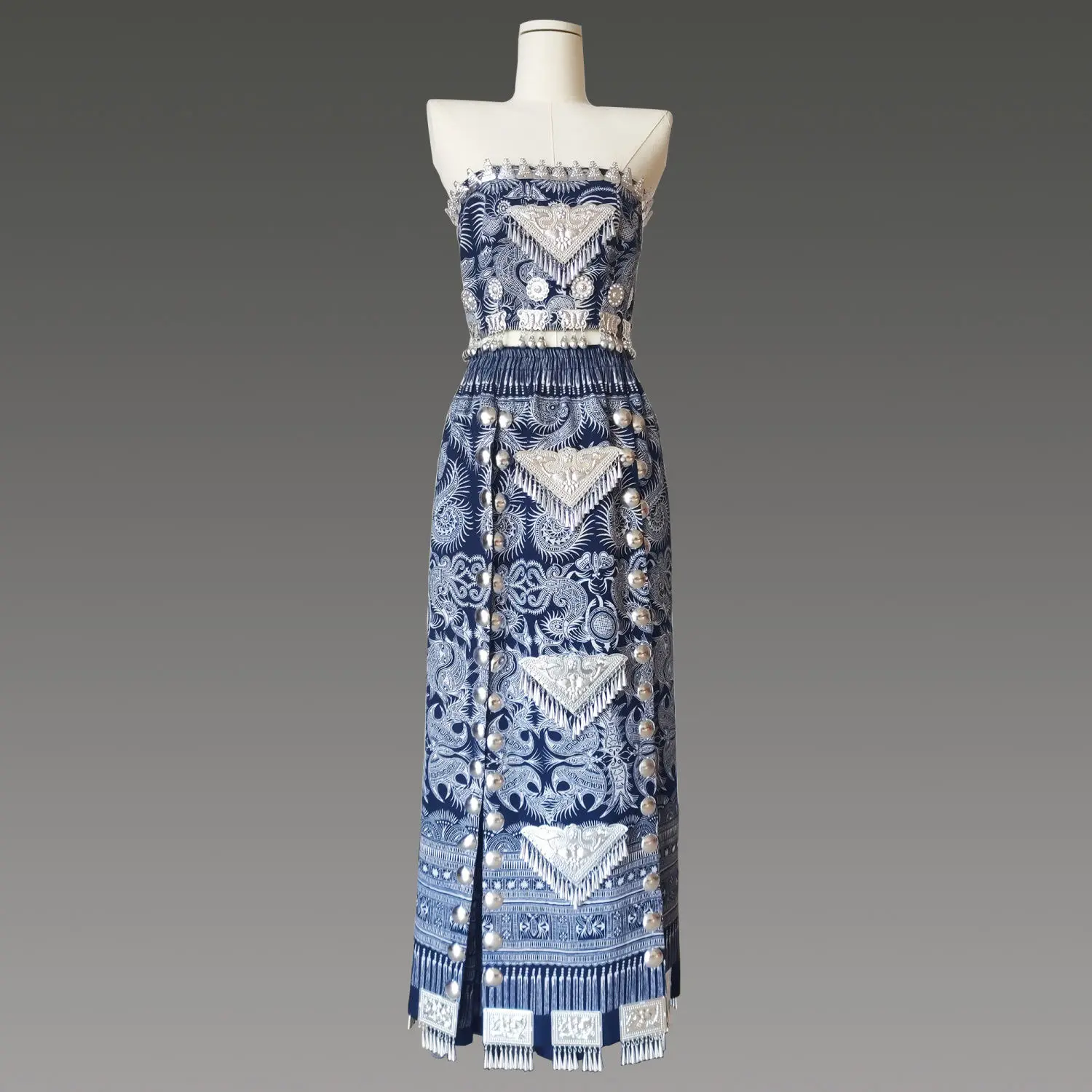 aethno Miao Ethnic Style 3-Piece Clothes Set | Handmade Embroidered Indigo Fabric Dress with Traditional Silver Accessories, Fashion, Matching
