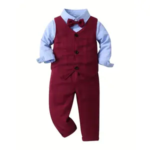 3pcs Baby Boys Long Sleeve Bowtie Shirt Vest Pants Gentleman Set for Party Birthday Polyester Viscose Striped Lapel Regular Fit JC07798