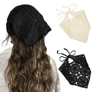 Women's 2-Piece Floral Crochet Lace Knitted Hair Scarf Set - Fashion Vintage Headwrap, Headband, Tie Bandana Kerchief for Daily Wear