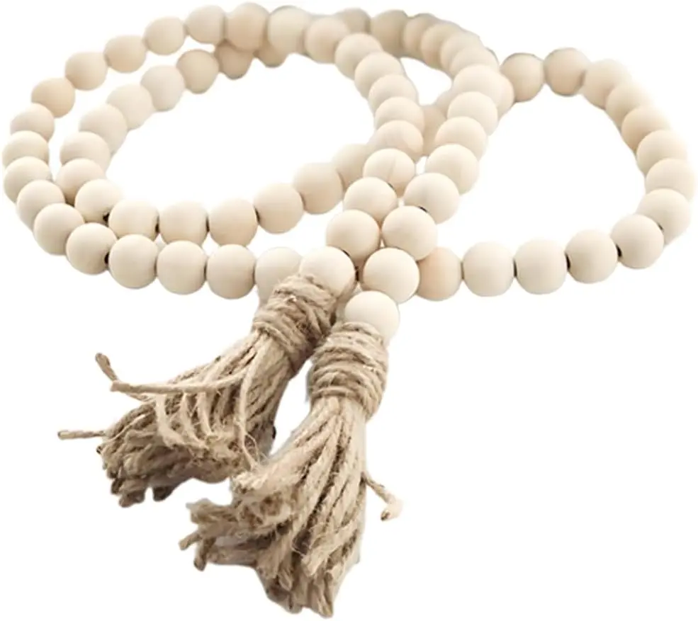 58in Farmhouse Beads Wood Bead Garland with Tassels (Natural Wood, 58in/1Pcs)