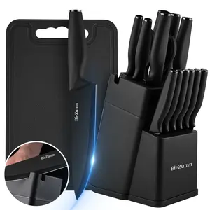 Thickened stainless steel kitchen knife set of 15 pieces, anti-slip ABS handle, cutting board and scissors, knife sharpener, kitchen cooking Self-Sharpening Knife Set with Block Self-Sharpening Dual Knife Set modern  knives