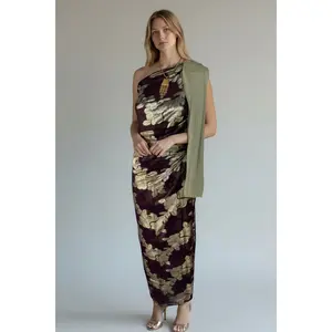 Faramsawi Dirac 3-Piece Set - Golden Turquoise Base with Golden Leaf Shimmer & Embroidered Gabasaar for Summer Elegance