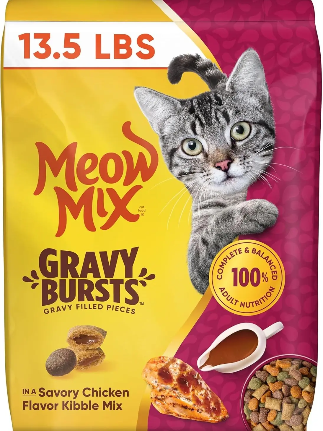 Meow Mix Gravy Bursts Gravy Filled Pieces Savory Chicken Flavors, Dry Cat Food, 13.5 lb. Bag