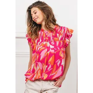 BiBi Smocked Yoke Ruffled Floral Top Casual Shirts