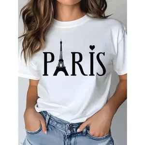 Paris Eiffel Tower Graphic Tee Women Cute Heart Print Oversized Crewneck Short Sleeve Casual Soft Stretch T Shirt Streetwear For Travel Vacation