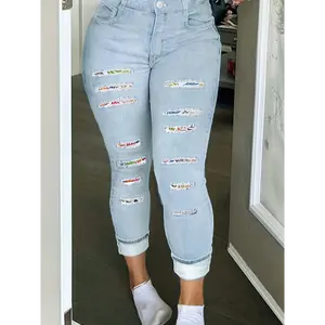 Plus Size Womens Jeans - Eye-Catching Graphic Patches & Distressed Rips, Button Fly, Ultra-Stretch Skinny Fit Denim - Curvy Chic