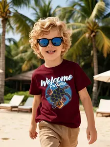 Boys' Summer Tropical Style T-Shirt, Welcome to Paradise Turtle Print Short Sleeve, Beach Vacation, Casual Holiday Wear, Cute and Trendy
