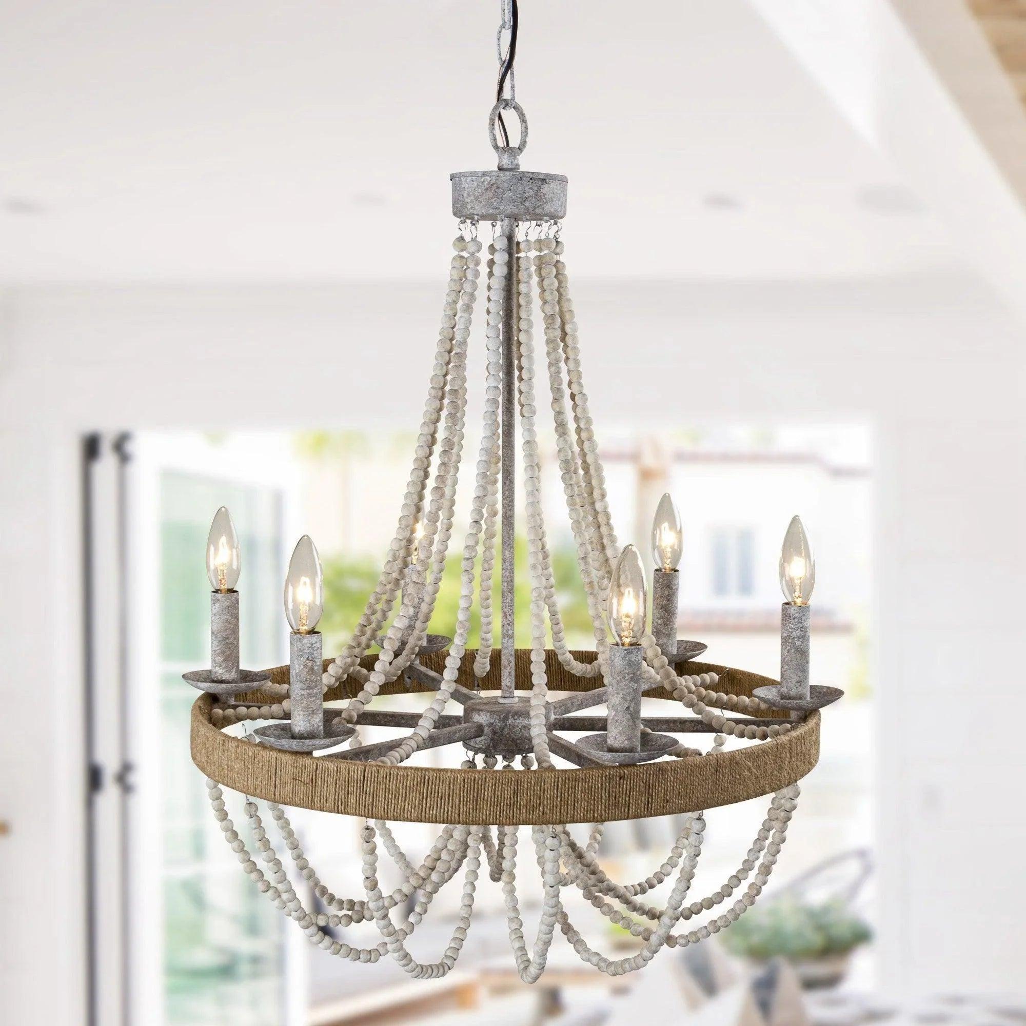 Chokio 6-Light Wood Bead Chandelier Handmade Farmhouse Pendant for Dining Room Living Room